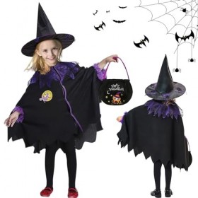 JIASHA Costume de Sorcière Dhalloween pour Enfants, Cape de sorcière pour Enfants Cape Fille avec Sorcière Chapeau, Déguisem
