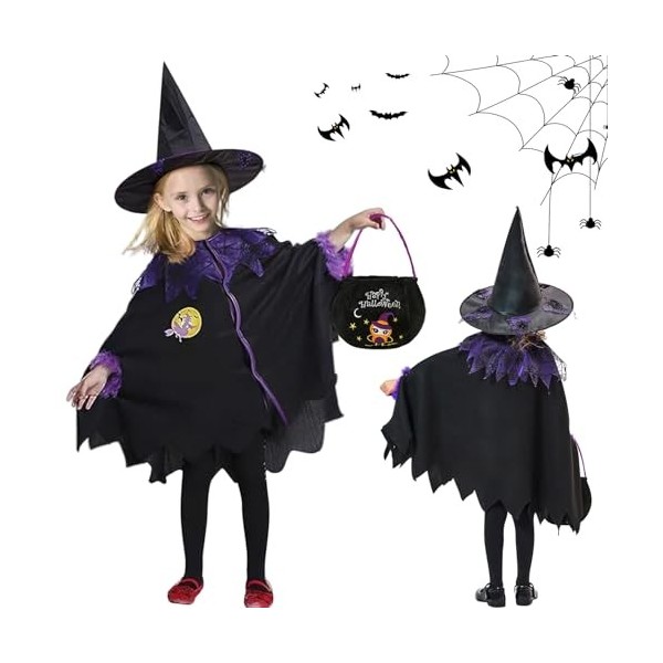 JIASHA Costume de Sorcière Dhalloween pour Enfants, Cape de sorcière pour Enfants Cape Fille avec Sorcière Chapeau, Déguisem