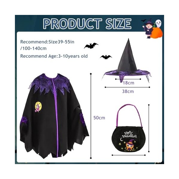 JIASHA Costume de Sorcière Dhalloween pour Enfants, Cape de sorcière pour Enfants Cape Fille avec Sorcière Chapeau, Déguisem