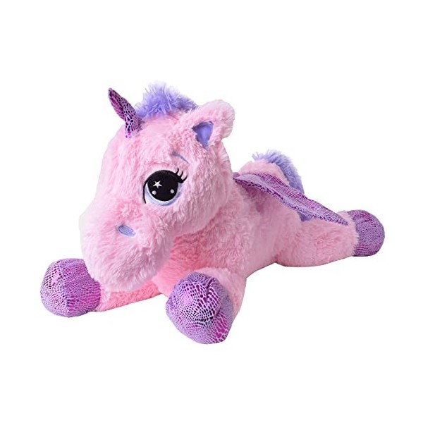 TE-Trend Cheval en Peluche Licorne Allongée 60cm Rose Ou Blanc avec Mauve Applications Et Aile - Blanc