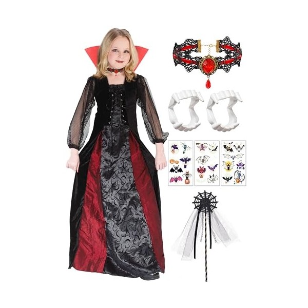 Mrsclaus Costume de vampire pour fille - Costume de reine dHalloween - Robe de vampire - Déguisement avec collier et mors de
