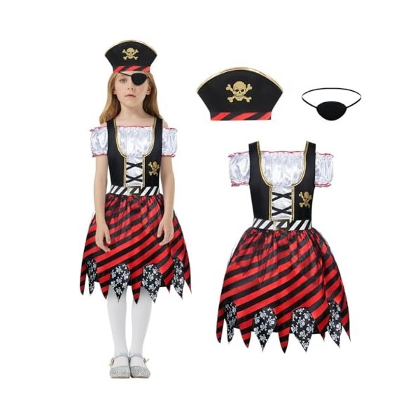 Aomig Costume de Pirate pour les enfants, Déguisement Boucanier Fille Accessoires Pirate cache-oeil Pirate Serre-Tête, Robe d