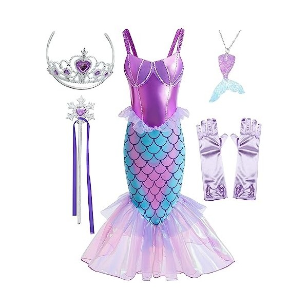 SunHibay 5 pièces sirène Cosplay Costumes Ariel robe pour filles fête danniversaire avec diadème bijoux M16 PPP, 110 