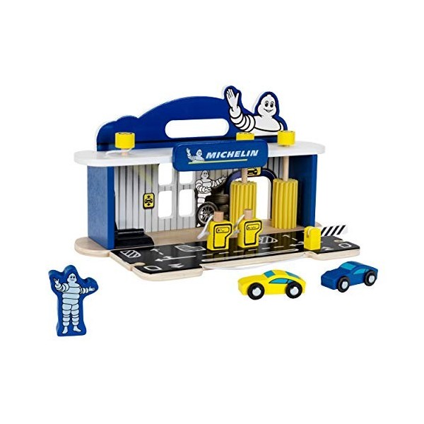 Theo Klein 3403 MICHELIN Service Station with 2 Cars , Wood I Incl Lifting Platform and Fuel Pumps I Compatible with Wooden T
