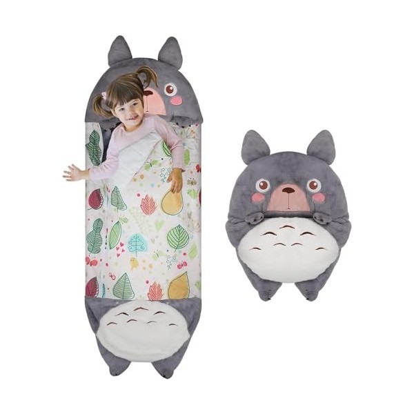 Sac de Couchage Pliable pour Enfants, Sac de Couchage 2 en 1 avec Oreiller et Motif Animal de Dessin animé,Sacs Couchage Plia