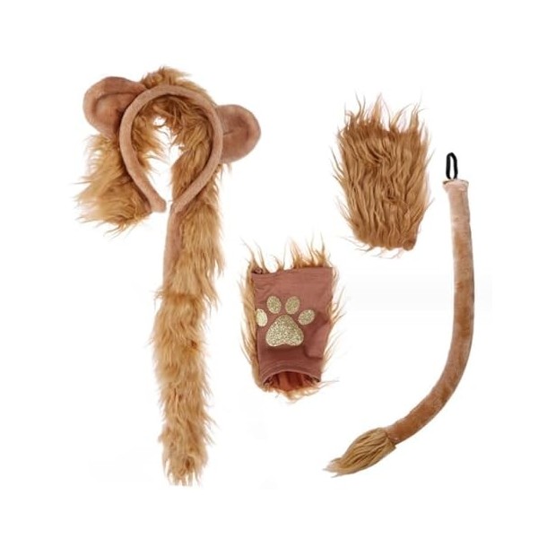 JIAHG Costume de lion avec oreilles de lion, serre-tête, queue et pattes - Gants - Costume danimal pour enfants et adultes -