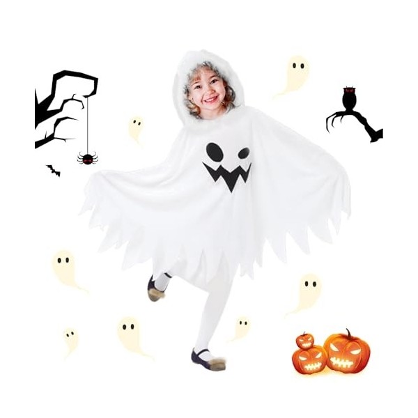 TECHEEL Costume dHalloween pour enfant - Cape blanche - Costume de fantôme - Cape dHalloween - Costume dHalloween - Garçon