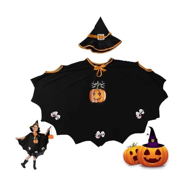 Aoreun Cape Citrouille Enfant, Citrouille Cape Halloween Deguisement Cape soirée Cosplay Halloween avec Chapeau Déguisement S