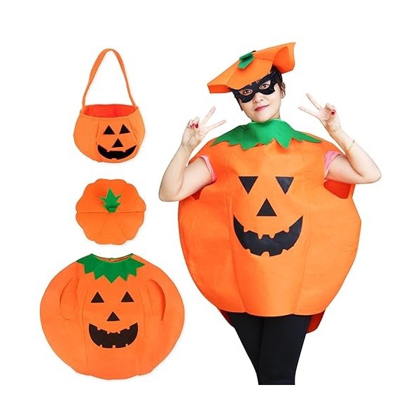 Atuoxing Déguisement de Citrouille dHalloween pour Enfants Adultes, Costume de Citrouille avec Chapeau et Sac de Citrouille,