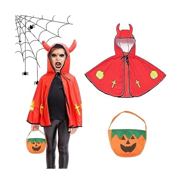 Cape du Diable dhalloween, Costume de Sorcière dhalloween pour Enfant, Déguisement de Diable avec Sac de Bonbons Citrouille