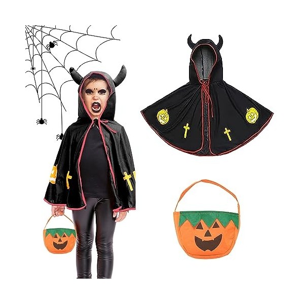 Cape du Diable dhalloween, Costume de Sorcière dhalloween pour Enfant, Déguisement de Diable avec Sac de Bonbons Citrouille