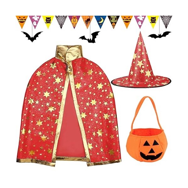 Tuofang Deguisement Halloween Enfant, Chapeau de Sorcier et Sac de Bonbons Citrouille, Cape et Chapeau de Sorcière Costume po