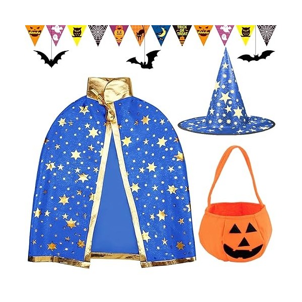 Tuofang Deguisement Halloween Enfant, Chapeau de Sorcier et Sac de Bonbons Citrouille, Cape et Chapeau de Sorcière Costume po