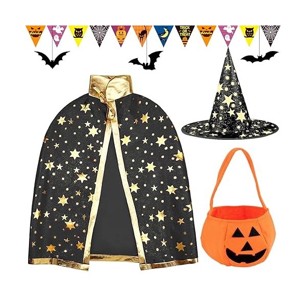 Tuofang Deguisement Halloween Enfant, Chapeau de Sorcier et Sac de Bonbons Citrouille, Cape et Chapeau de Sorcière Costume po