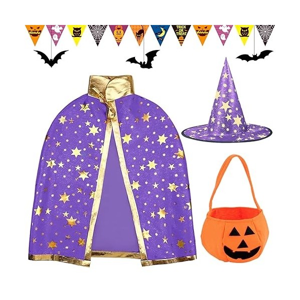 Tuofang Deguisement Halloween Enfant, Chapeau de Sorcier et Sac de Bonbons Citrouille, Cape et Chapeau de Sorcière Costume po