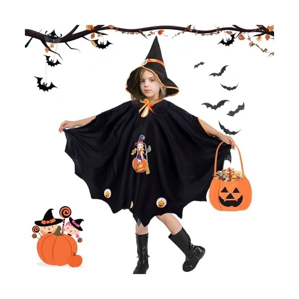 JIASHA Citrouille Cape Halloween Deguisement, Cape Chauve-Souris avec Chapeau Enfant Cape de Halloween, Doux pour la peau, ag