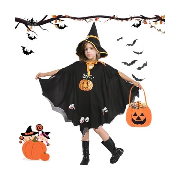 JIASHA Citrouille Cape Halloween Deguisement, Cape Chauve-Souris avec Chapeau Enfant Cape de Halloween, Doux pour la peau, ag