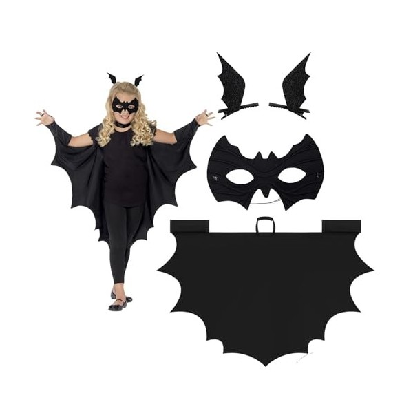 Mizijia Déguisement Chauve Souris Enfant, Cape Chauve Souris Enfant + Masque Chauve Souris + 2 Pince à Cheveux, Costume Chauv