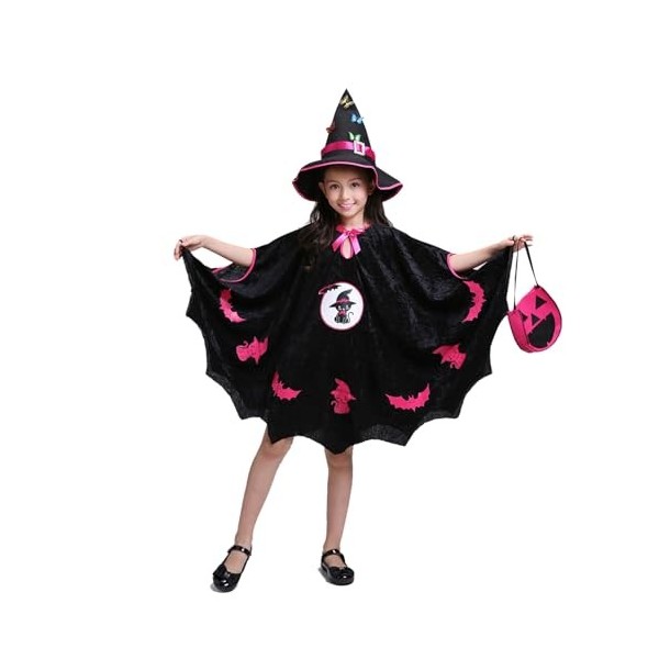 Costume Sorciere Enfant, déguisement chauve souris enfant avec chapeau de sorcière et sac à bonbons, costume chauve souris fi
