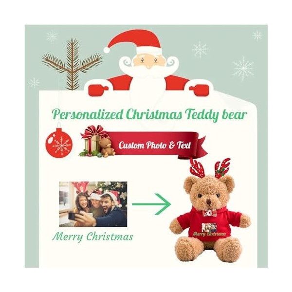 Noël Nounours Personnalisé avec Décoration Noël, Nounours avec Texte+Photo, Cadeau Personnalisé pour Homme Cadeau Noël Femme 