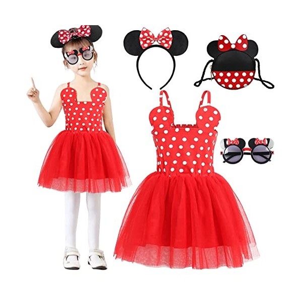 Tulle Robe Minnie Enfant Fille Deguisement Robe de Princesse Rouge Jupe à Pois Bébé Fille avec Bandeau Carnaval Cosplay Costu