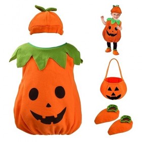 Jinlaili Costume de Citrouille Halloween pour Enfants, 48cm Long Costumes Citrouille avec Chapeau, Couvre-Chaussures et Sac, 