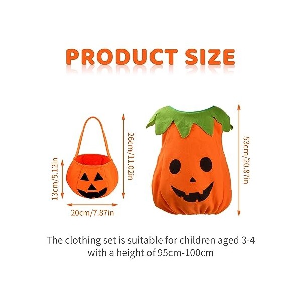 Jinlaili Costume de Citrouille Halloween pour Enfants, 48cm Long Costumes Citrouille avec Chapeau, Couvre-Chaussures et Sac, 