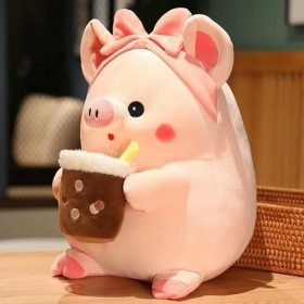 LfrAnk Kawaii Dessin animé Cochon Peluche Jouet en Peluche Animal Cochon Tenant Bulle Tasse Oreiller poupée rêve Cadeau Anniv