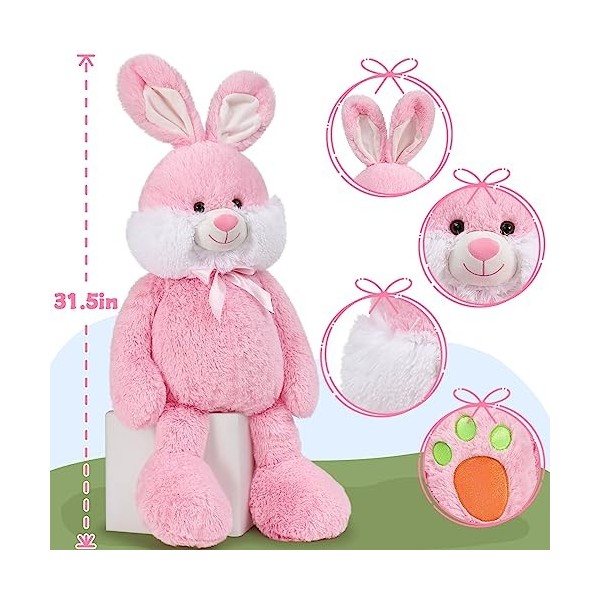 MorisMos 80cm Peluche Lapin Rose Geant, Doux Lapin Jouet en Peluche Grande Kawaii Câlins, Mignon Lapin Peluche de Pâques Cade