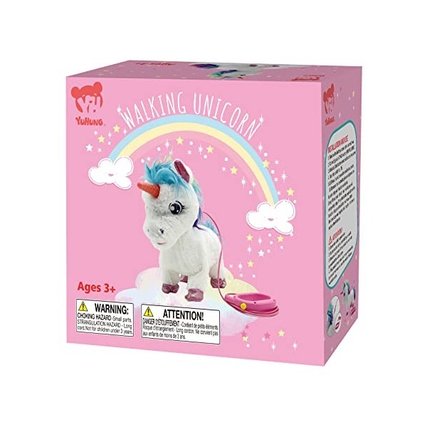 YH YUHUNG Jouet Licorne avec Laisse - Allume la Corne de Licorne, Marche, Hochement, Aboie et Remue Sa Queue - Peluche Licorn