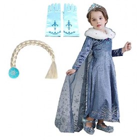 Lovelegis Costume Elsa Princesse 2 Gants et Tresse Carnaval Taille 130 4-5 Ans Idée Cadeau Noël Anniversaire Fête