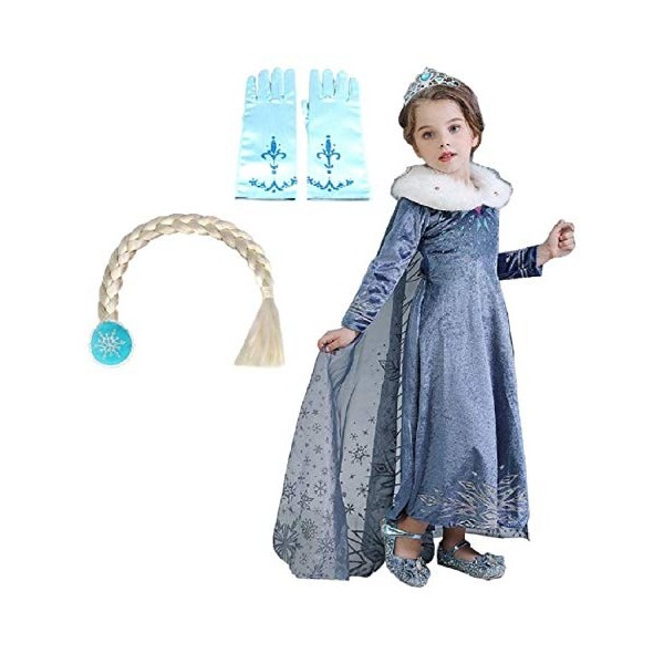 Lovelegis Costume Elsa Princesse 2 Gants et Tresse Carnaval Taille 130 4-5 Ans Idée Cadeau Noël Anniversaire Fête