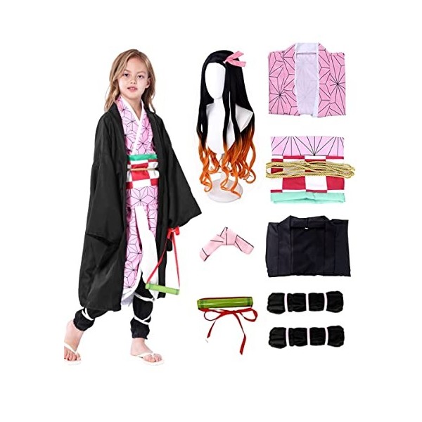 Heionia 9PCS Nezuko Cosplay Déguisement Enfants Kamado Nezuko Costume Kimono Perruque Demon Anime Deguisement 4-15 Ans pour H