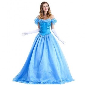 IWEMEK Femme Déguisement Cendrillon Princesse Robe Longue Tulle Adulte Costume avec Guantes pour Mariage Cérémonie Mariée Ann