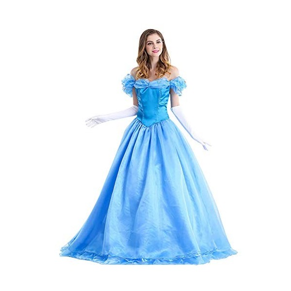 IWEMEK Femme Déguisement Cendrillon Princesse Robe Longue Tulle Adulte Costume avec Guantes pour Mariage Cérémonie Mariée Ann