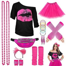 Kit Déguisement Année 80 Accessoire Rose Femme, T-Shirt, Tutu, Sac Banane, Bandeau, Boucle dOreille, Collier, Gants Résille,