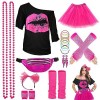 Kit Déguisement Année 80 Accessoire Rose Femme, T-Shirt, Tutu, Sac Banane, Bandeau, Boucle dOreille, Collier, Gants Résille,