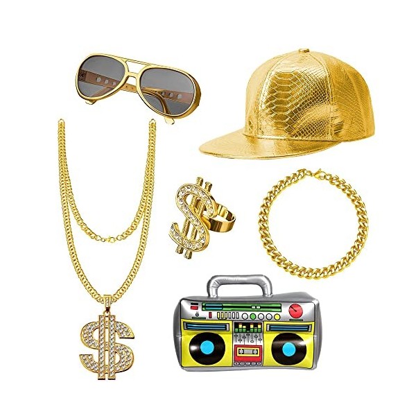 UBERMing Kit de Costume Hip Hop avec Boîte Radio Gonflable Lunettes de Soleil Chapeau Hip Hop et Or Signe de Dollar Collier B