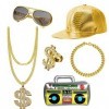 UBERMing Kit de Costume Hip Hop avec Boîte Radio Gonflable Lunettes de Soleil Chapeau Hip Hop et Or Signe de Dollar Collier B