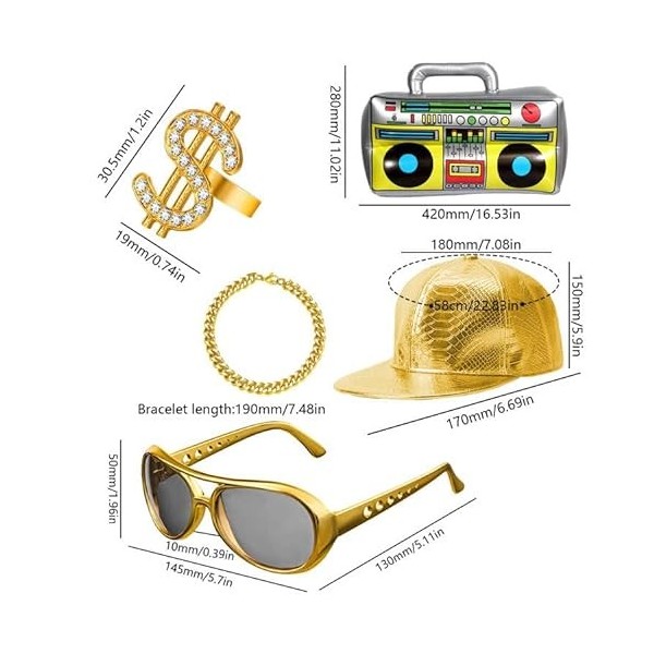 UBERMing Kit de Costume Hip Hop avec Boîte Radio Gonflable Lunettes de Soleil Chapeau Hip Hop et Or Signe de Dollar Collier B