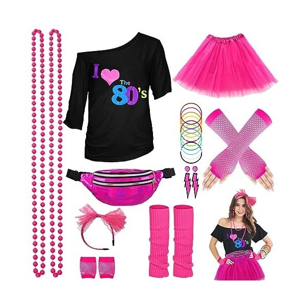 WILDPARTY Kit Déguisement Année 80 Accessoire Femme, T-Shirt, Tutu, Sac Banane, Bandeau, Boucle dOreille, Collier, Gants Rés