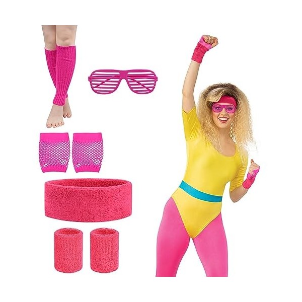 Ulikey Deguisement Annee 80 Femme, Tenue Annee 80 et 90 Femme, Déguisement Fluo T-Shirt en Maille, Débardeur, Bandeau, Boucles d'Oreilles, Accessoire Fluo Année 80 90 pour Thème Fête Femmes (M, Rose