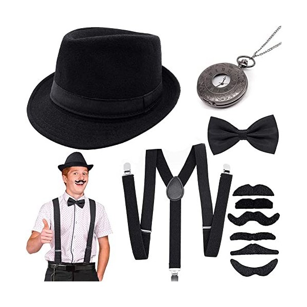 JORAKI Années 1920 Hommes Déguisements Accessoires Flapper Gangster Ensemble Great Gatsby Costume Kit Année 20 avec Chapeau T