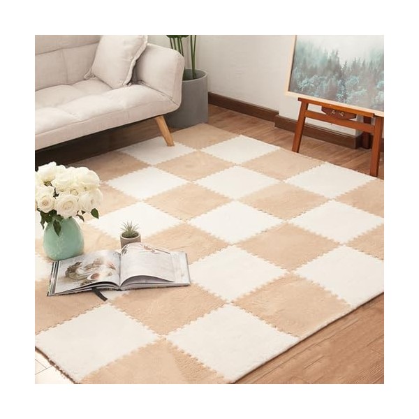 Tapis De Sol en Mousse Puzzle en Peluche, Carreaux De Tapis Carrés en Mousse à Emboîtement Doux, Tapis Moelleux pour Salon Et