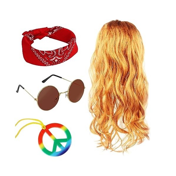 MXTIMWAN 4 Pièces Ensemble de Costume Hippie, Deguisement Annees 80 70 avec Lunettes de Soleil, Bandeau, Collier de Signe de 