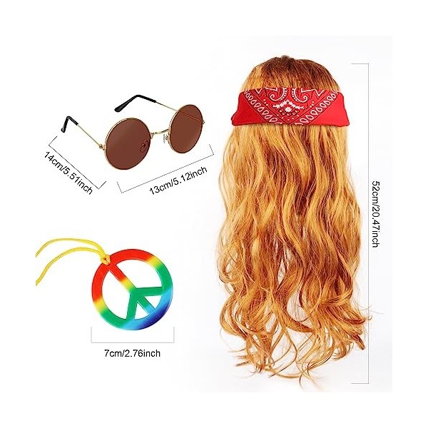 MXTIMWAN 4 Pièces Ensemble de Costume Hippie, Deguisement Annees 80 70 avec Lunettes de Soleil, Bandeau, Collier de Signe de 