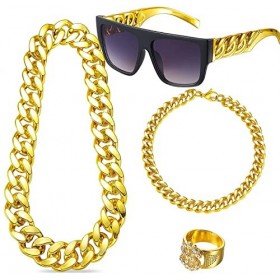 Kit de déguisement Hip Hop Punk années 80/90 Lunettes de soleil et bagues de rappeur Collier Bracelet Chaîne en Métal Doré Te