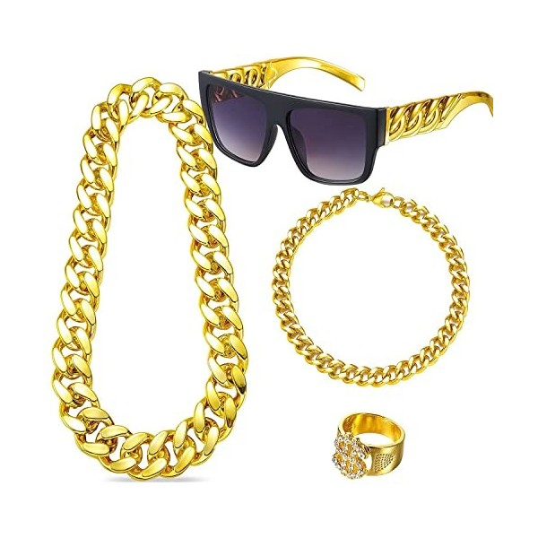 Kit de déguisement Hip Hop Punk années 80/90 Lunettes de soleil et bagues de rappeur Collier Bracelet Chaîne en Métal Doré Te