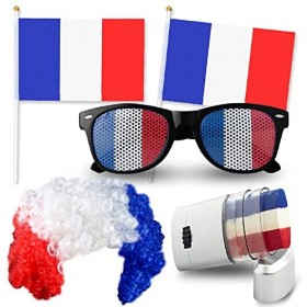 Kit Supporter France – 4 accessoires : Perruque + lunettes + maquillage + drapeau Bleu Blanc Rouge - ALLEZ LES BLEUS - Qualit