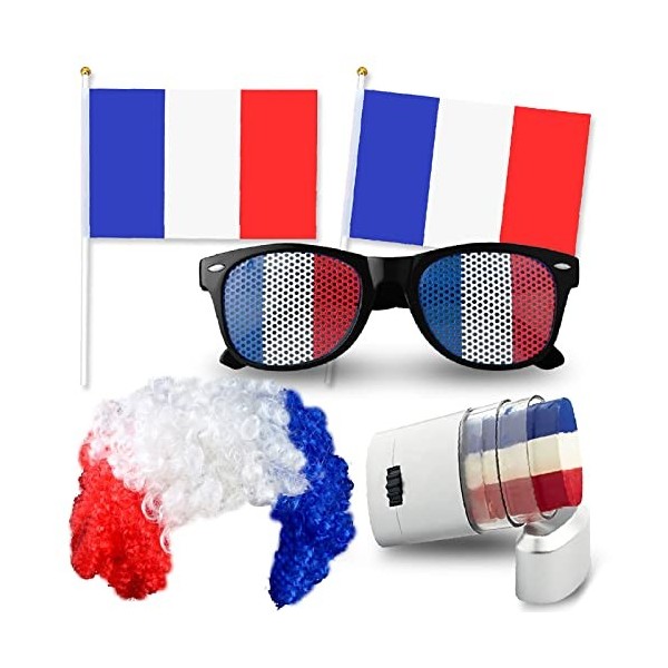 Kit Supporter France – 4 accessoires : Perruque + lunettes + maquillage + drapeau Bleu Blanc Rouge - ALLEZ LES BLEUS - Qualit